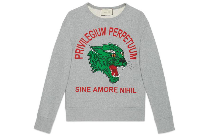 Gucci Grey Crewneck Sweatshirt with Letter Leopard Head Design 475532X3N621111