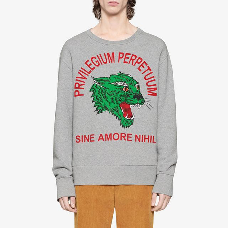 Shop 구찌 그레이 크루넥 스웻셔츠 레터 레오파드 헤드 디자인 475532X3N621111