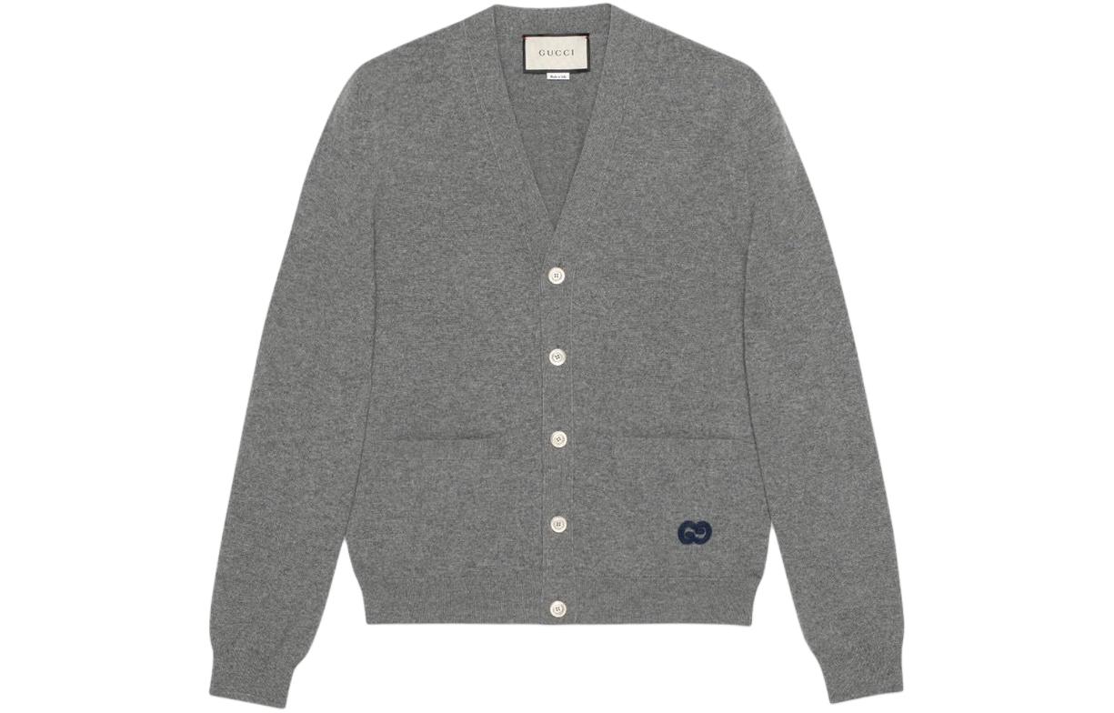 Gucci Grey V-Neck Button-Up Logo Embroidered Knit Sweater 646784-XKBRM-1037