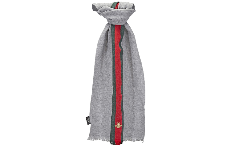 GUCCI Grey Wool Scarf with Web and Bee Design 475513-4G487-146