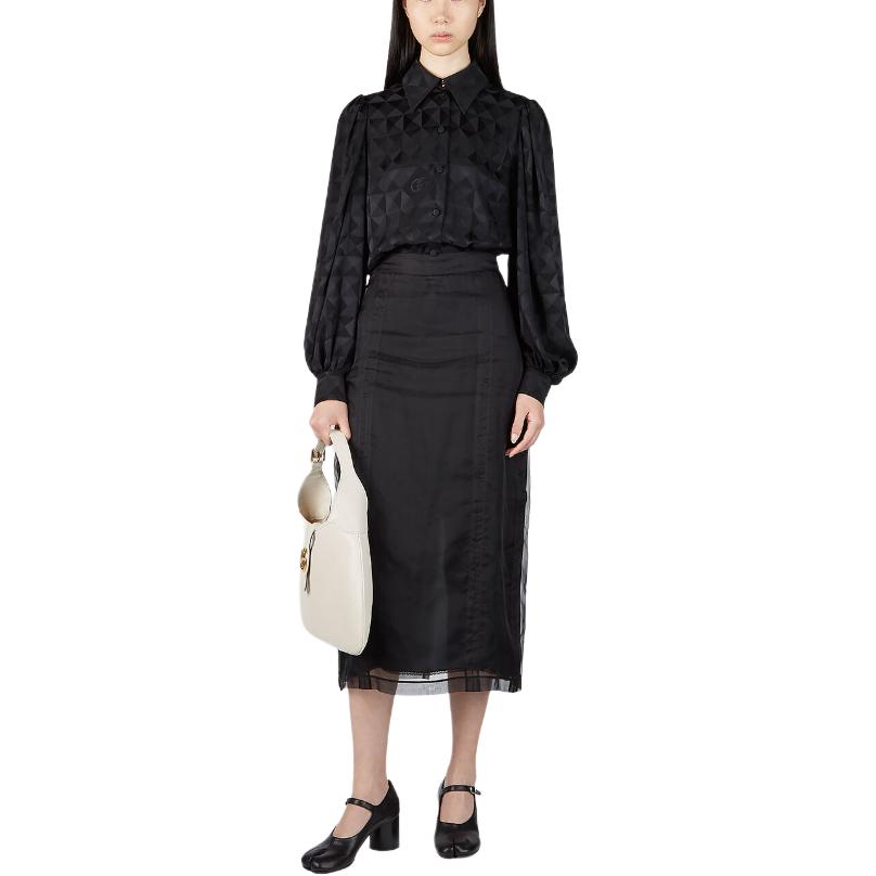 Lookbook 구찌 하이웨이스트 블랙 미디 일자 스커트 705909-ZHS22-1000