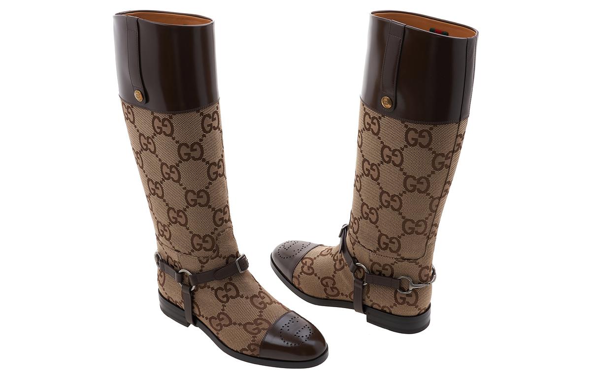 Shop GUCCI古馳 馬具飾長筒靴 男款 米棕色
