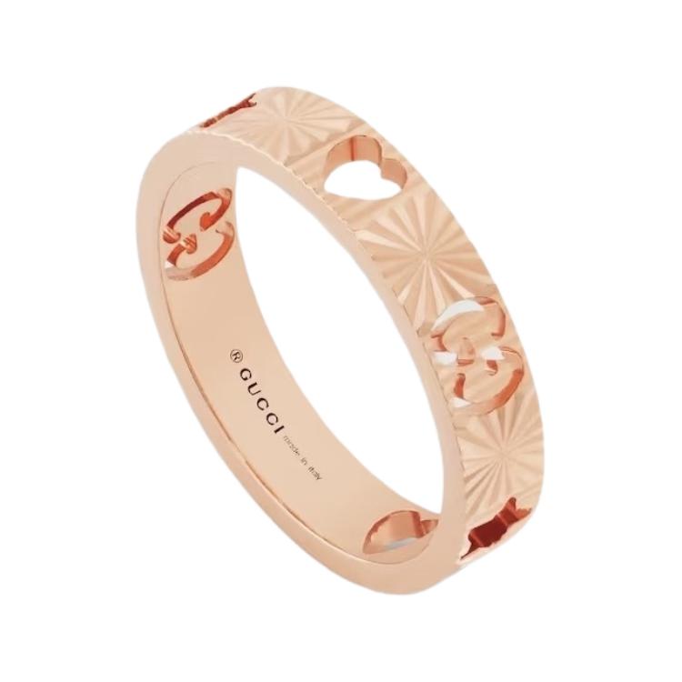 GUCCI ICON Series 18K Gold Engraved Ring Unisex Couple Rose Gold. 729460J8500