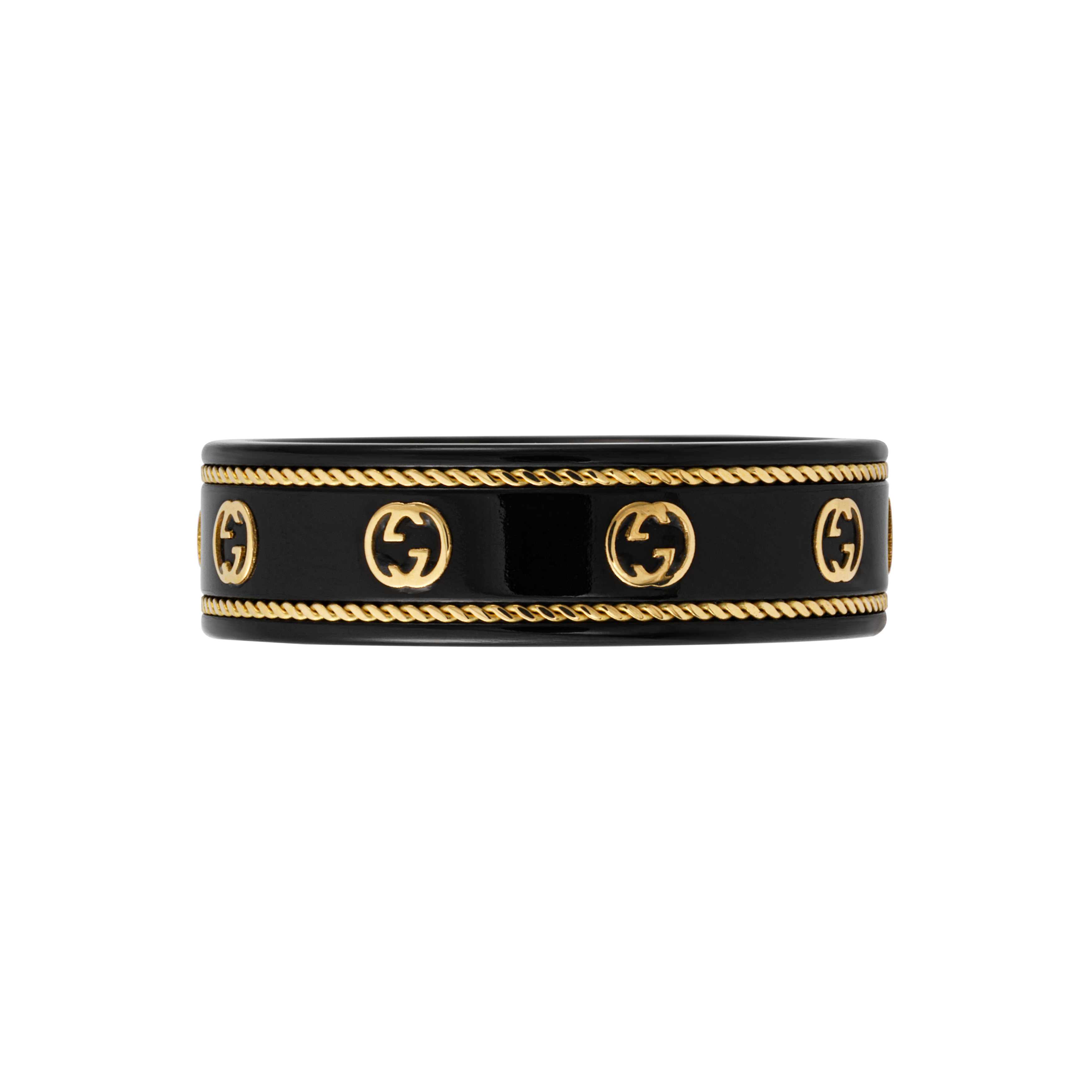 GUCCI Icon Series Interlocking Double G 18k Gold Black Ring Unisex Couples 606826-I0H11-8029
