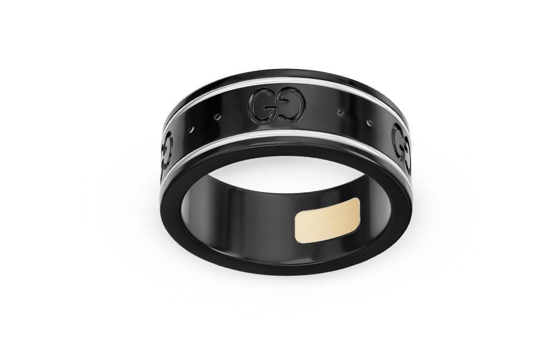 Shop GUCCI Icon系列窄版18K白金黑色戒指 男款 225985-I19A1-8061