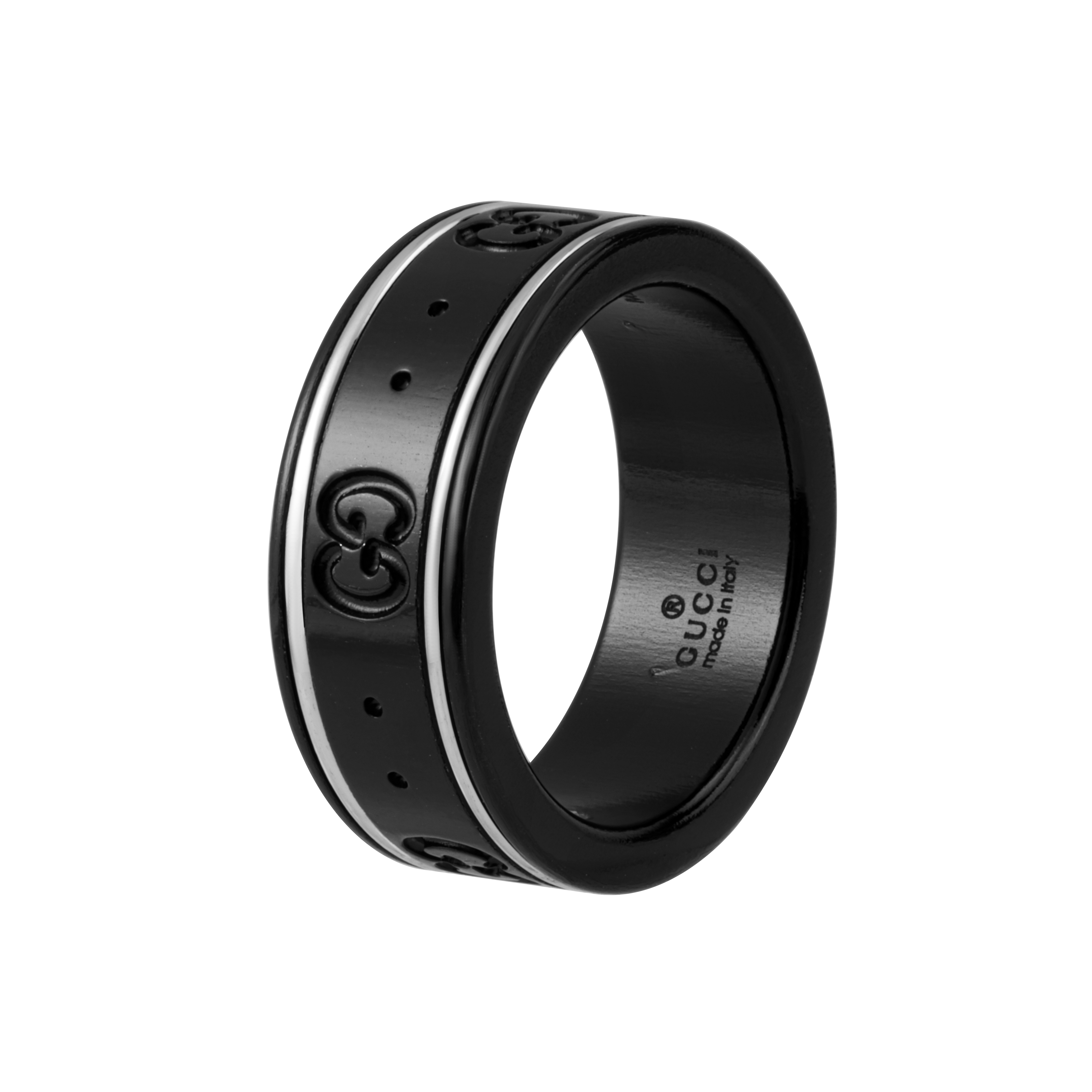 Order GUCCI Icon系列窄版雙G 18K白金戒指 情侶對戒男女款 黑色戒指 225985-l19A1-8061