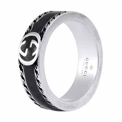 GUCCI Interlocking Double G 925 Silver Ring Unisex Couple Style Black. YBC645573002