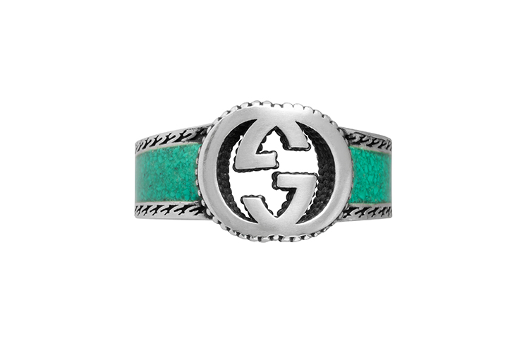 GUCCI Interlocking Double G 925 Silver Ring Unisex with Green Stone/Silver 645572-J8410-8136