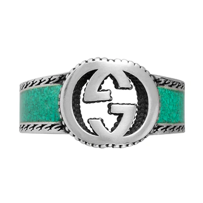 GUCCI Interlocking Double G 925 Silver Ring Unisex with Green Stone/Silver 645572-J8410-8136