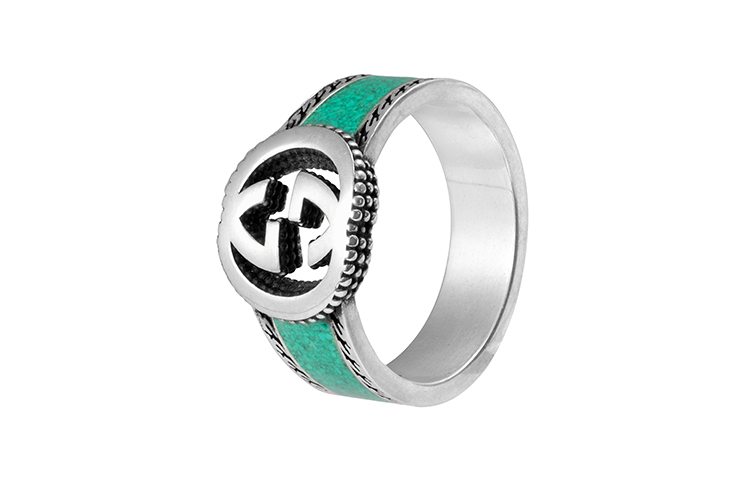 Lookbook Anillo GUCCI Interlocking Double G 925 Plata Unisex con Piedra Verde/Plata 645572-J8410-8136