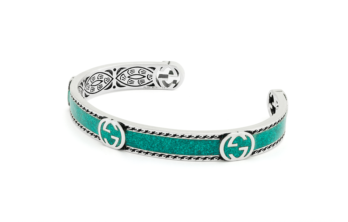 GUCCI Interlocking Double G Gemstone Ethnic 925 Silver Unisex Bracelet Green/Silver 645570-J8410-8136