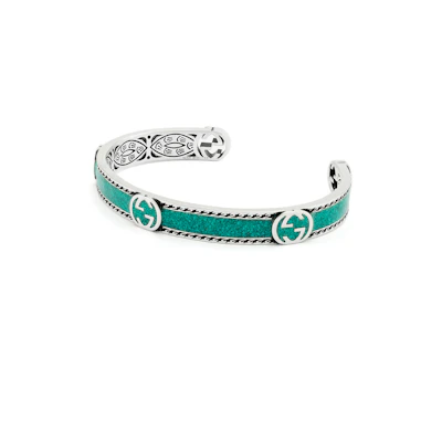 GUCCI Interlocking Double G Gemstone Ethnic 925 Silver Unisex Bracelet Green/Silver 645570-J8410-8136