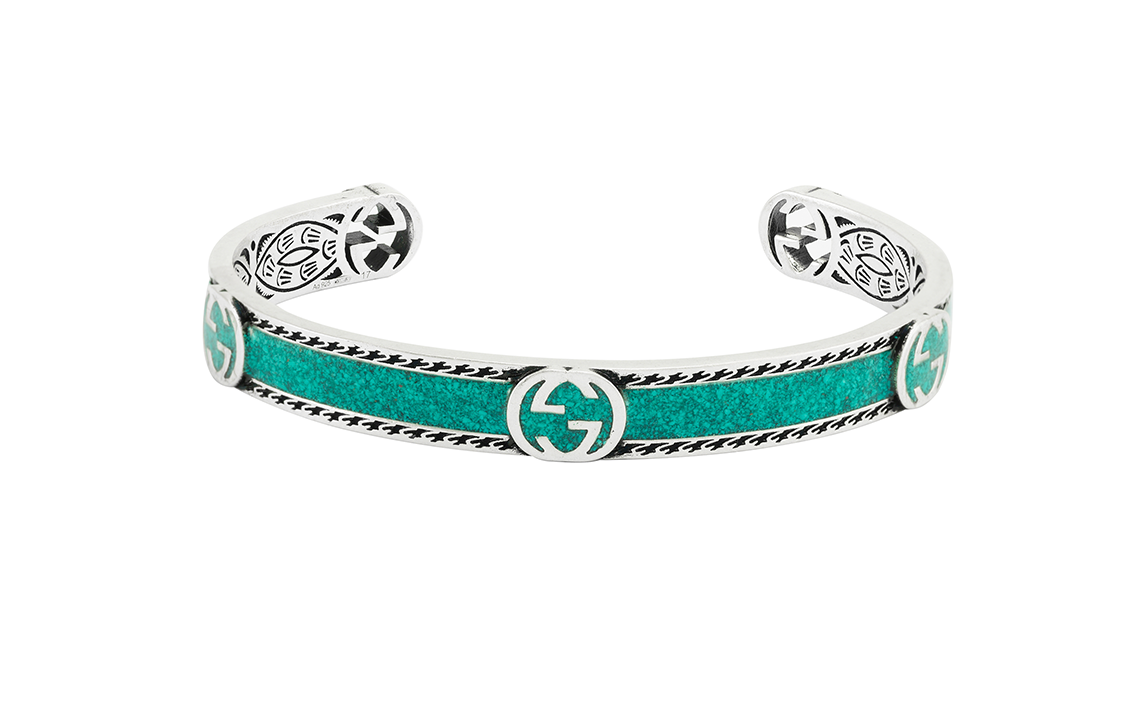 Lookbook GUCCI 双G宝石民族风925银男女手链 绿色/银色 645570-J8410-8136