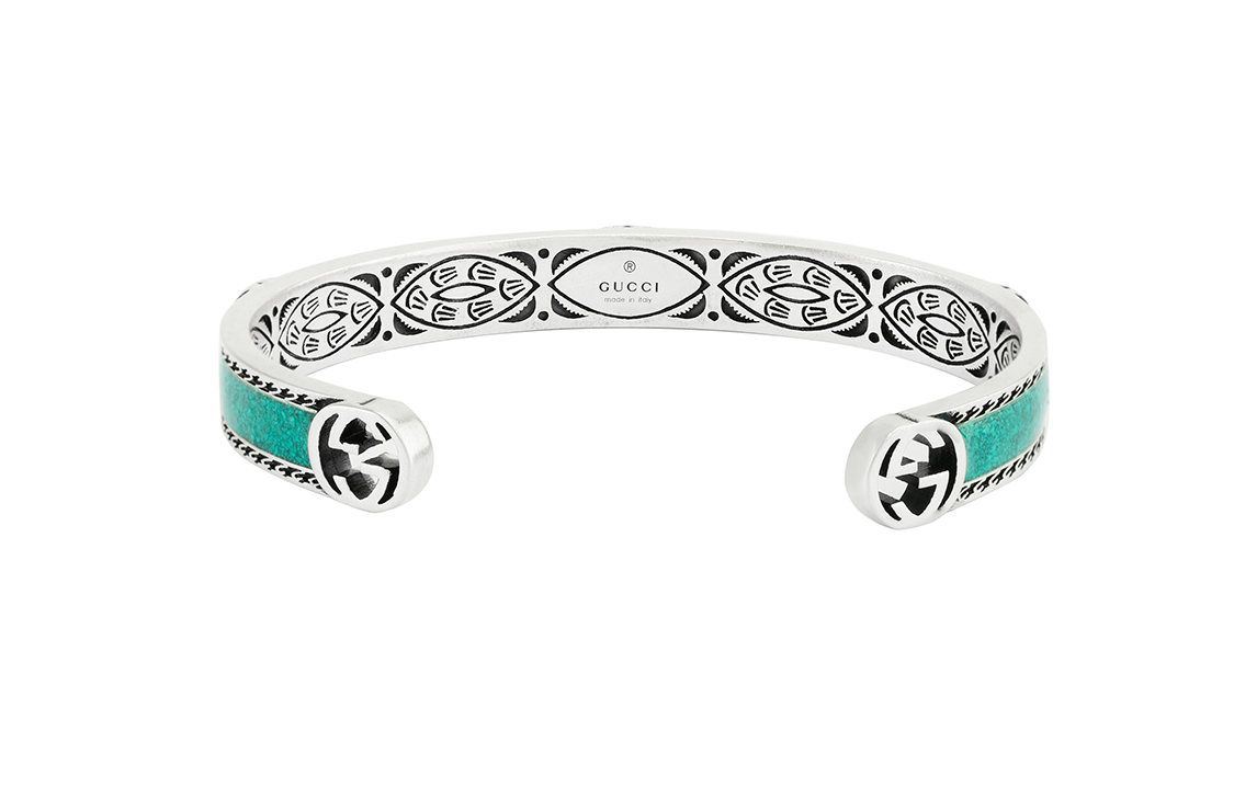 Shop GUCCI 双G宝石民族风925银男女手链 绿色/银色 645570-J8410-8136