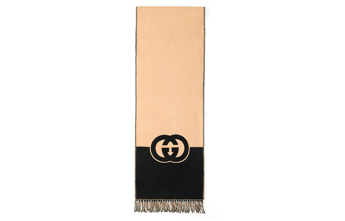 GUCCI Interlocking Double G Wool Scarf Unisex Black/Beige. 715497-4GAAA-1079