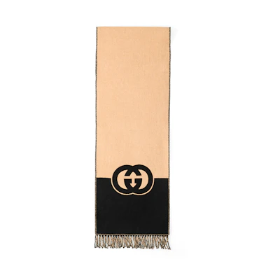 GUCCI Interlocking Double G Wool Scarf Unisex Black/Beige. 715497-4GAAA-1079