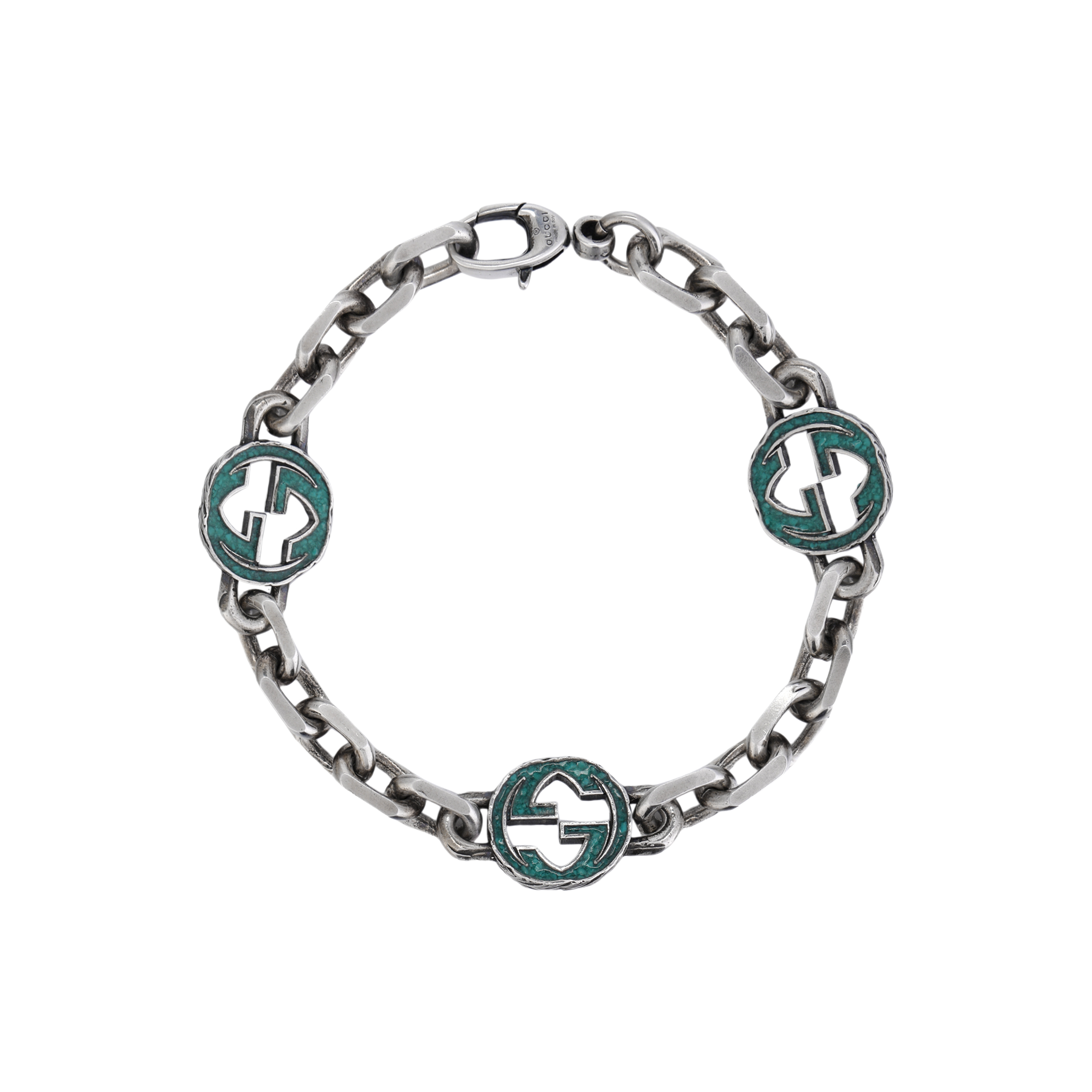 GUCCI Interlocking Enamel Double G 925 Silver Bracelet Unisex Couples Style 656787-J8410-8183