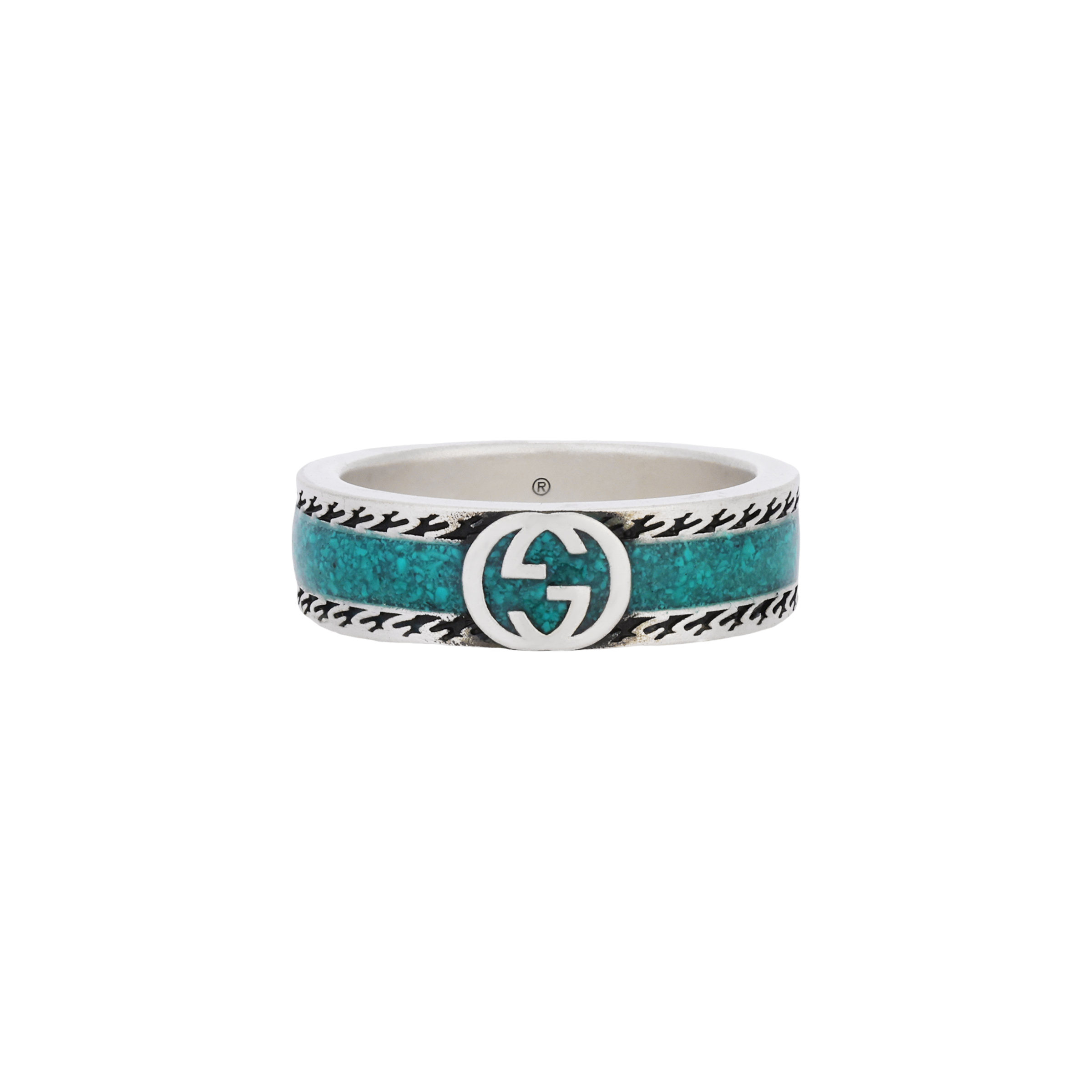 GUCCI Interlocking G Aged Engraved 925 Silver Ring Green Unisex情侣款 645573-J8410-8136