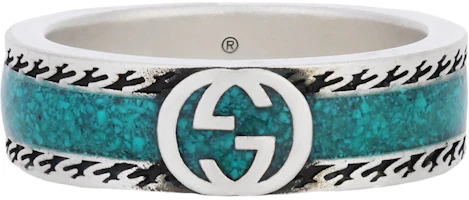 GUCCI Interlocking G Aged Engraved 925 Silver Ring Green Unisex 645573-J8410-8136 GUCCI Interlocking G Aged Engraved 925 Silver Ring Green Unisex 645573-J8410-8136