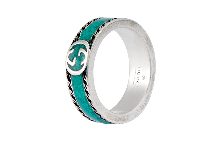 GUCCI Interlocking G Aged Engraved 925 Silver Ring Green Unisex情侣款 645573-J8410-8136 圖 2