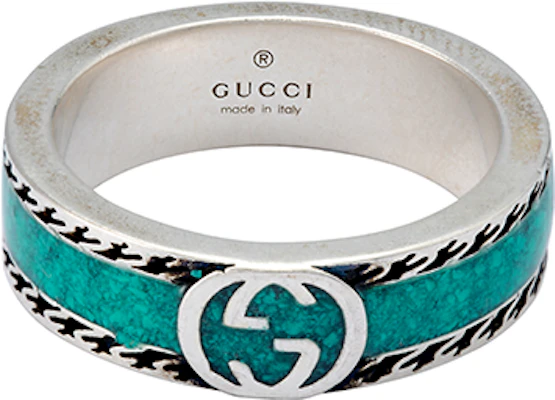GUCCI 双G复古刻纹925银戒指绿色男女情侣款 645573-J8410-8136 Lookbook GUCCI 双G复古刻纹925银戒指绿色男女情侣款 645573-J8410-8136