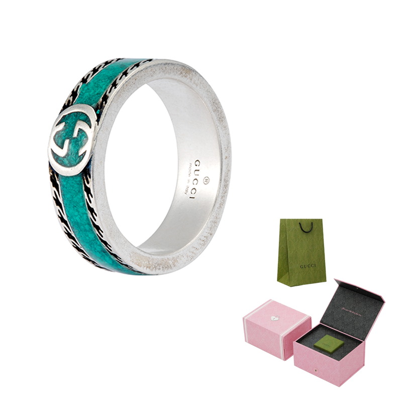 GUCCI Interlocking G Aged Engraved 925 Silver Ring Green Unisex情侣款 645573-J8410-8136 圖 5