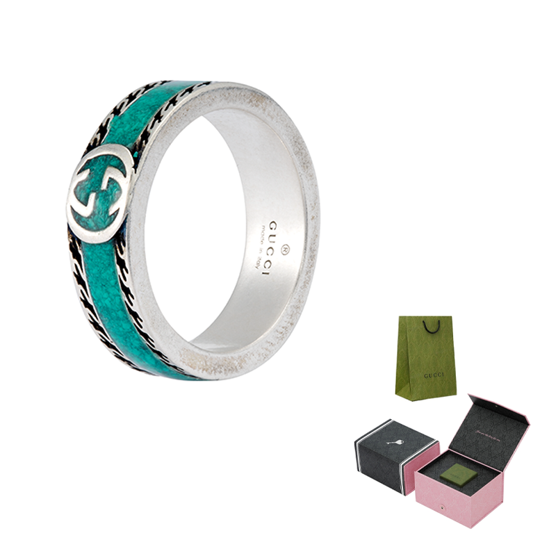 GUCCI Interlocking G Aged Engraved 925 Silver Ring Green Unisex情侣款 645573-J8410-8136 圖 6