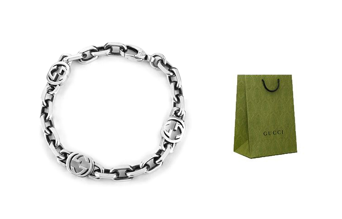 Order Pulsera GUCCI Interlocking G Cadena Cubana Plata 925 Unisex con Bolsa de Regalo. 620798-J8400-0811