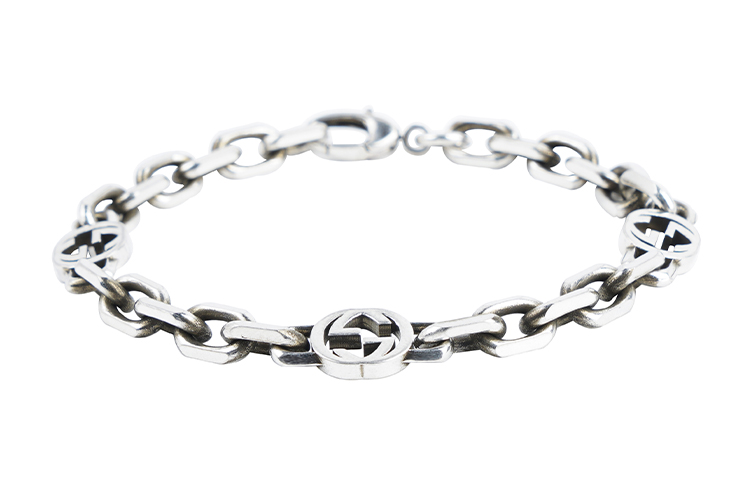 Shop Pulsera GUCCI Interlocking G Cadena Cubana Plata 925 Unisex con Bolsa de Regalo. 620798-J8400-0811