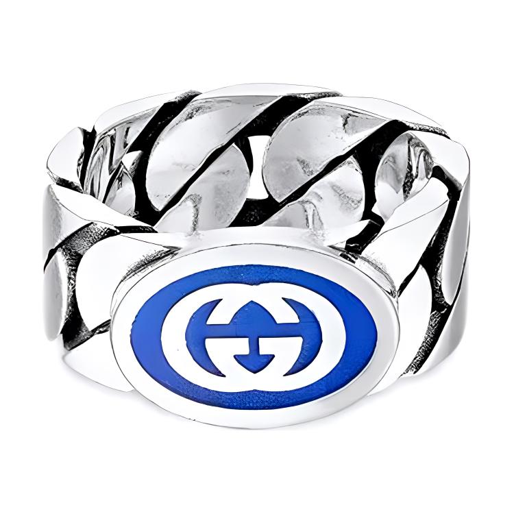 GUCCI Interlocking G Enamel 925 Sterling Silver Ring for Men 753490-J8410-8136