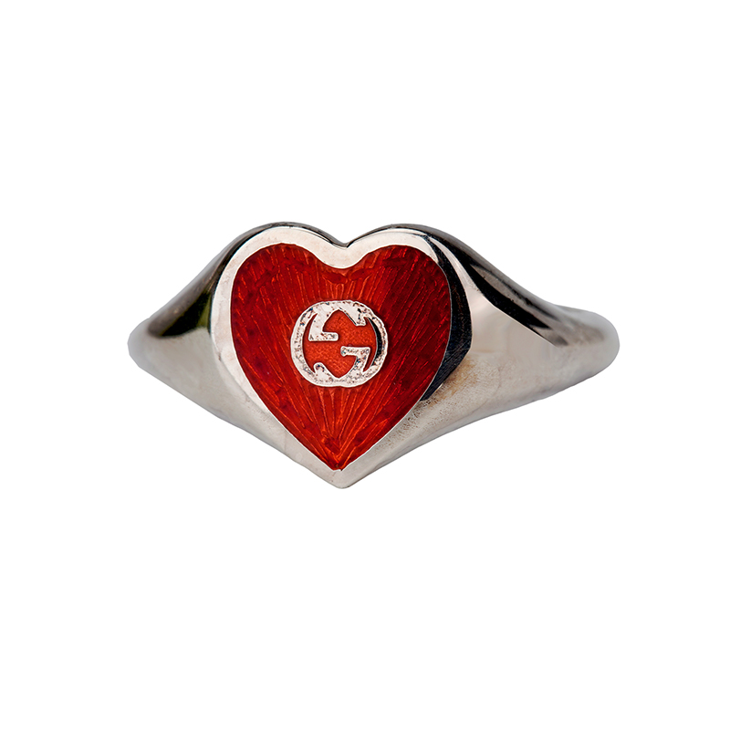 GUCCI Interlocking G Enamel Heart Silver Ring Red 925 Sterling Unisex 645544-J8410-8133