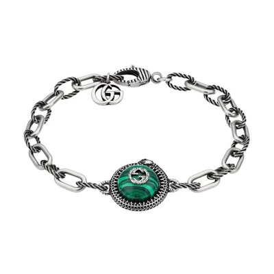 GUCCI Interlocking G Green Resin Gemstone 925 Silver Bracelet for Men. 577429-08349-4404