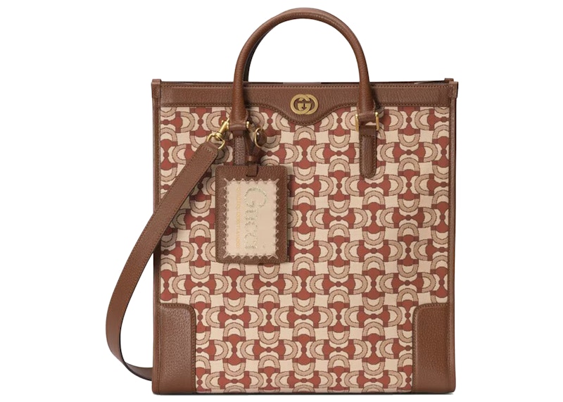 Gucci Interlocking G Horsebit Jacquard Tote Beige Dark Red