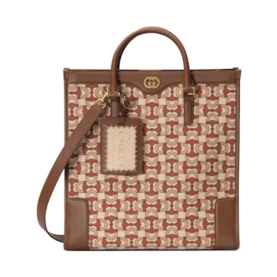 Gucci Interlocking G Horsebit Jacquard Tote Beige Dark Red