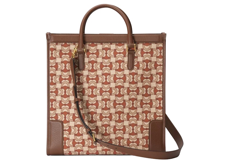 Lookbook グッチ インターロッキングG ホースビット ジャカード トート ベージュ ダークレッド