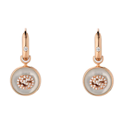 GUCCI Interlocking G Pendant 18K Rose Gold Mother-of-Pearl Diamond Earrings. 786772J85I08070