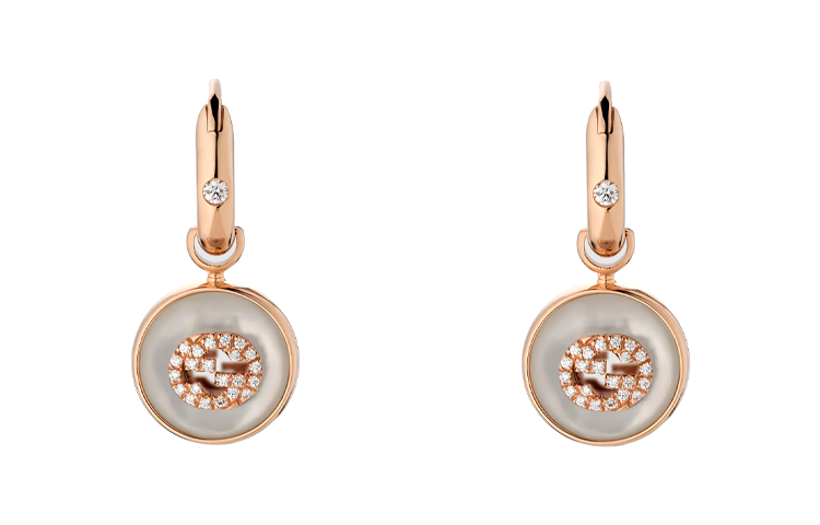 Order GUCCI Interlocking G Pendant 18K Rose Gold Mother-of-Pearl Diamond Earrings. 786772J85I08070