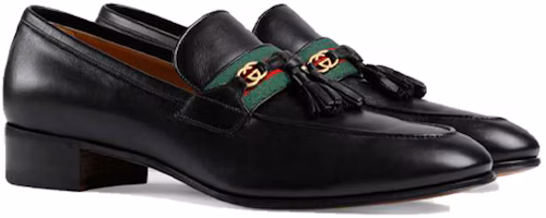 Shop Gucci Sepatu Loafers Kulit dengan Jumbai G 'Hitam' 624720-1W610-1066