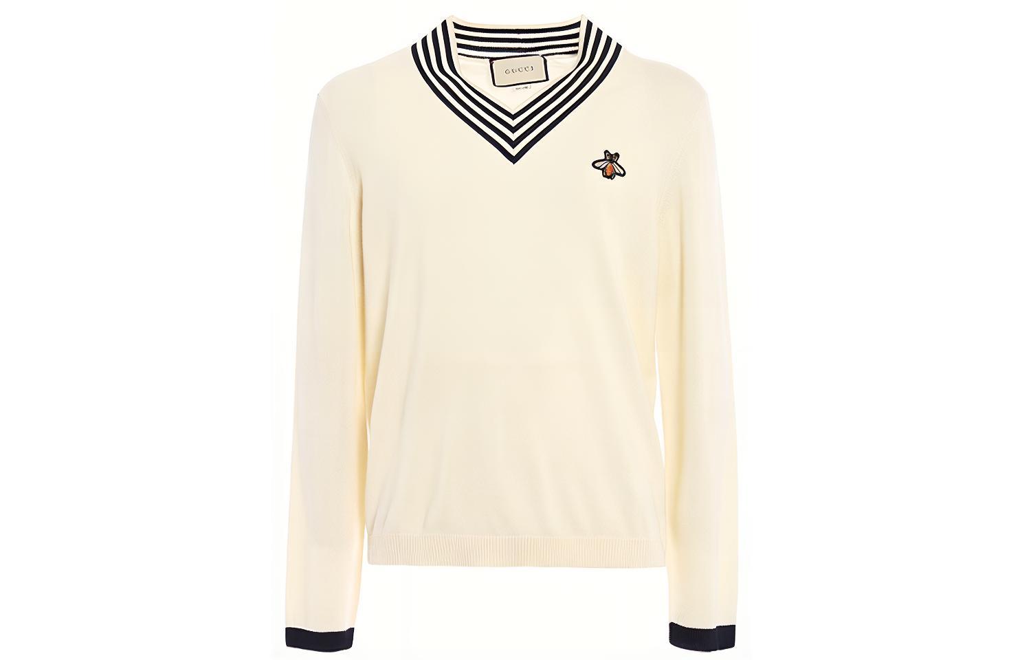 Gucci Ivory Wool V-neck Sweater with Bee Pattern 496442-X9I00-9515