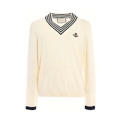 Gucci Ivory Wool V-neck Sweater with Bee Pattern 496442-X9I00-9515