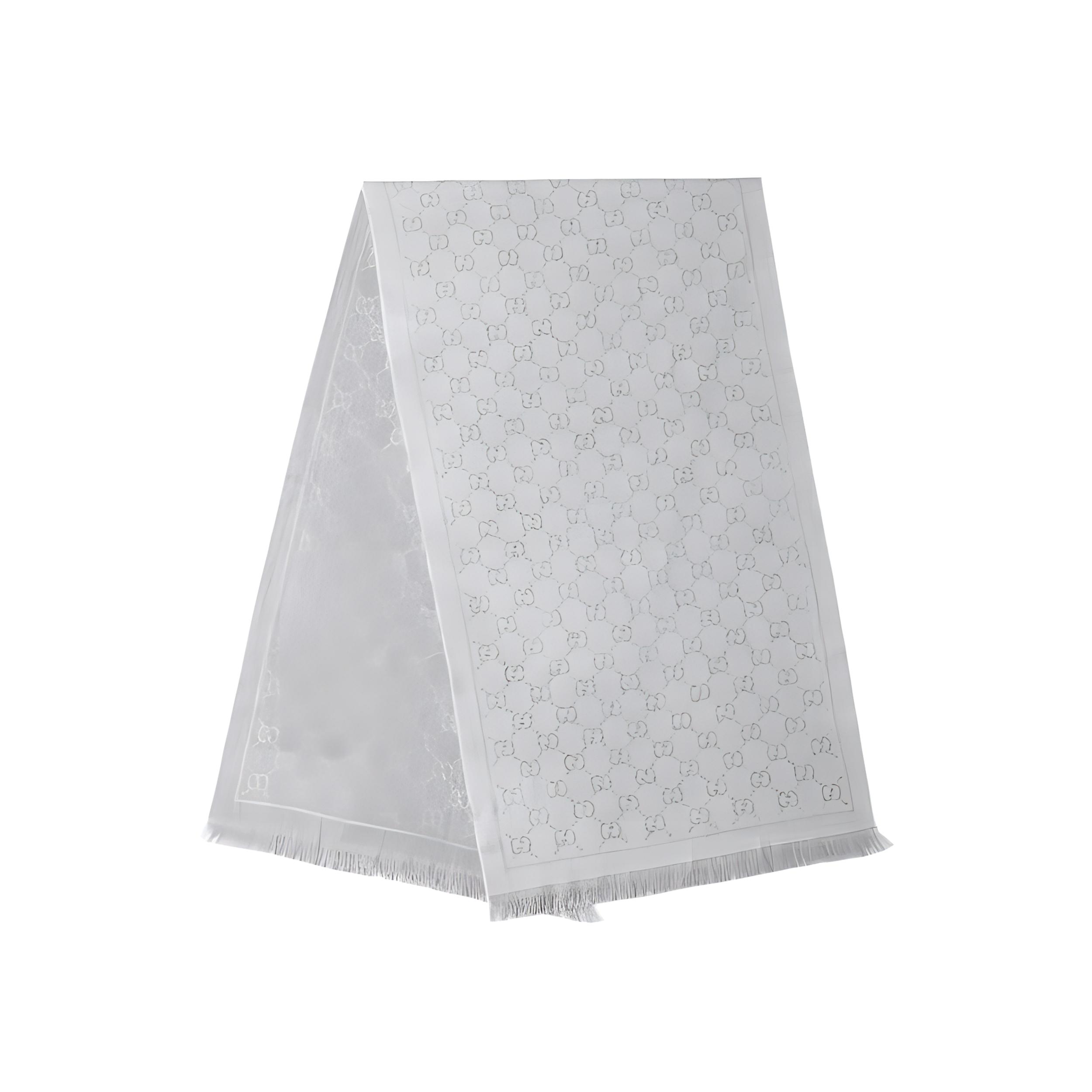 GUCCI Jacquard Knit Fringe Wool Scarf Unisex Light Grey 133483-3G200-1763