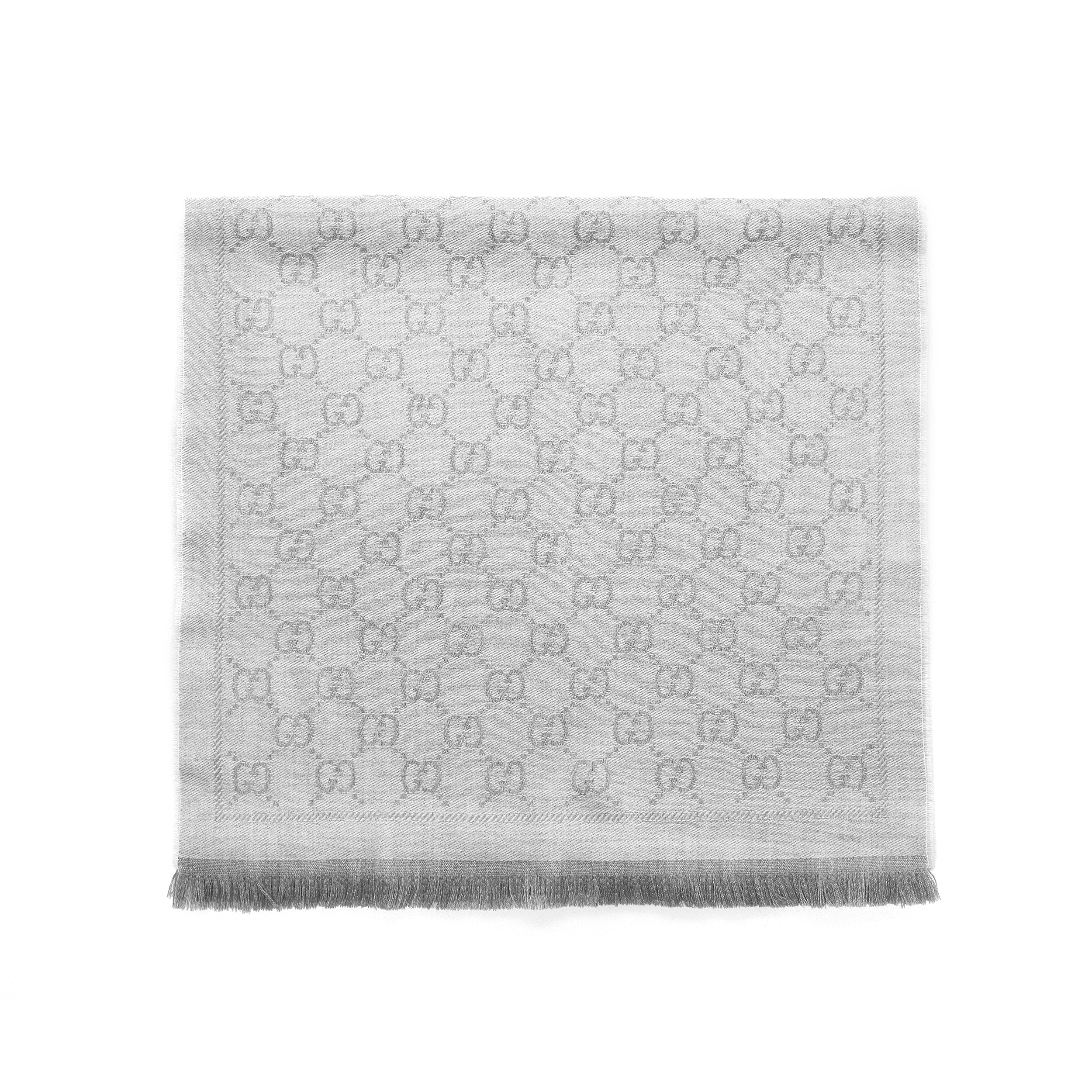 GUCCI Jacquard Knit Fringe Wool Scarf Unisex Light Grey 133483-3G200-1763 圖 3