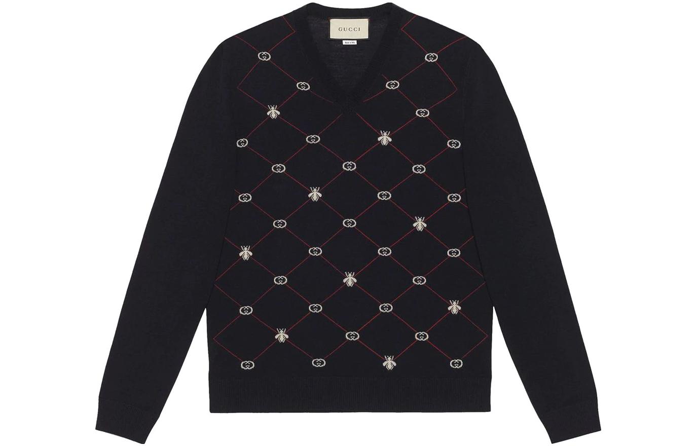 Gucci Jacquard V-Neck Long Sleeve Sweater Blue 597739-XKA4I-4206