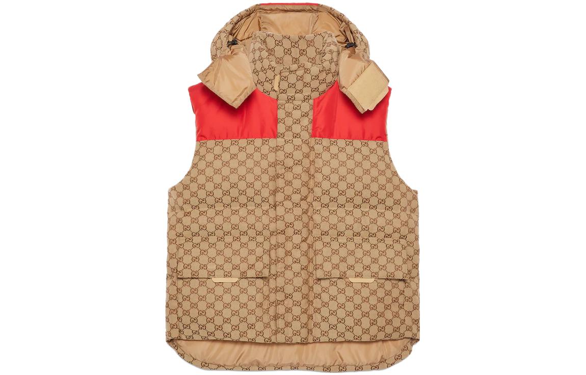 Gucci Khaki Hooded Down Vest with Multicolor Logo Print 756931-Z8BJ6-2275