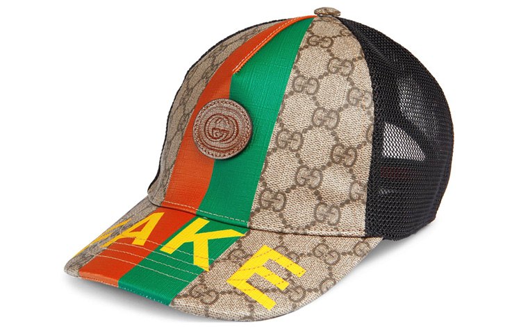 GUCCI Kids "Fake/Not" Baseball Cap Beige/Ebony Monogram Mesh. 652866-4HADP-8260
