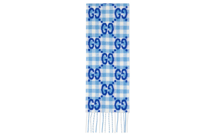 GUCCI Kids Check Wool Scarf Classic Monogram with Fringe in Blue. 658501-4KAAL-4877 圖 2
