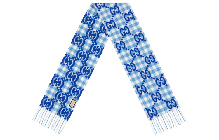 GUCCI Kids Check Wool Scarf Classic Monogram with Fringe in Blue. 658501-4KAAL-4877 圖 3