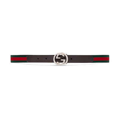 GUCCI Kids Double G Leather Web Belt Green Red 2cm. 258155-HAEEJ-2061