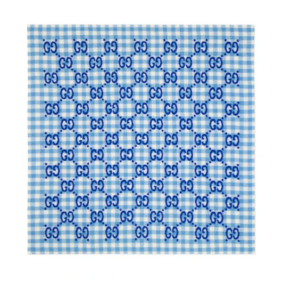 GUCCI Kids GG Print Wool Blanket Blue White Plaid. 663156-3KAAF-4877