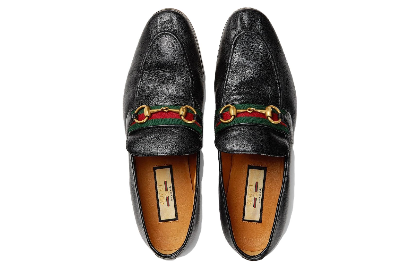 Gucci Leather Grosgrain Trim Dress Loafers 'Black Red' 圖 3